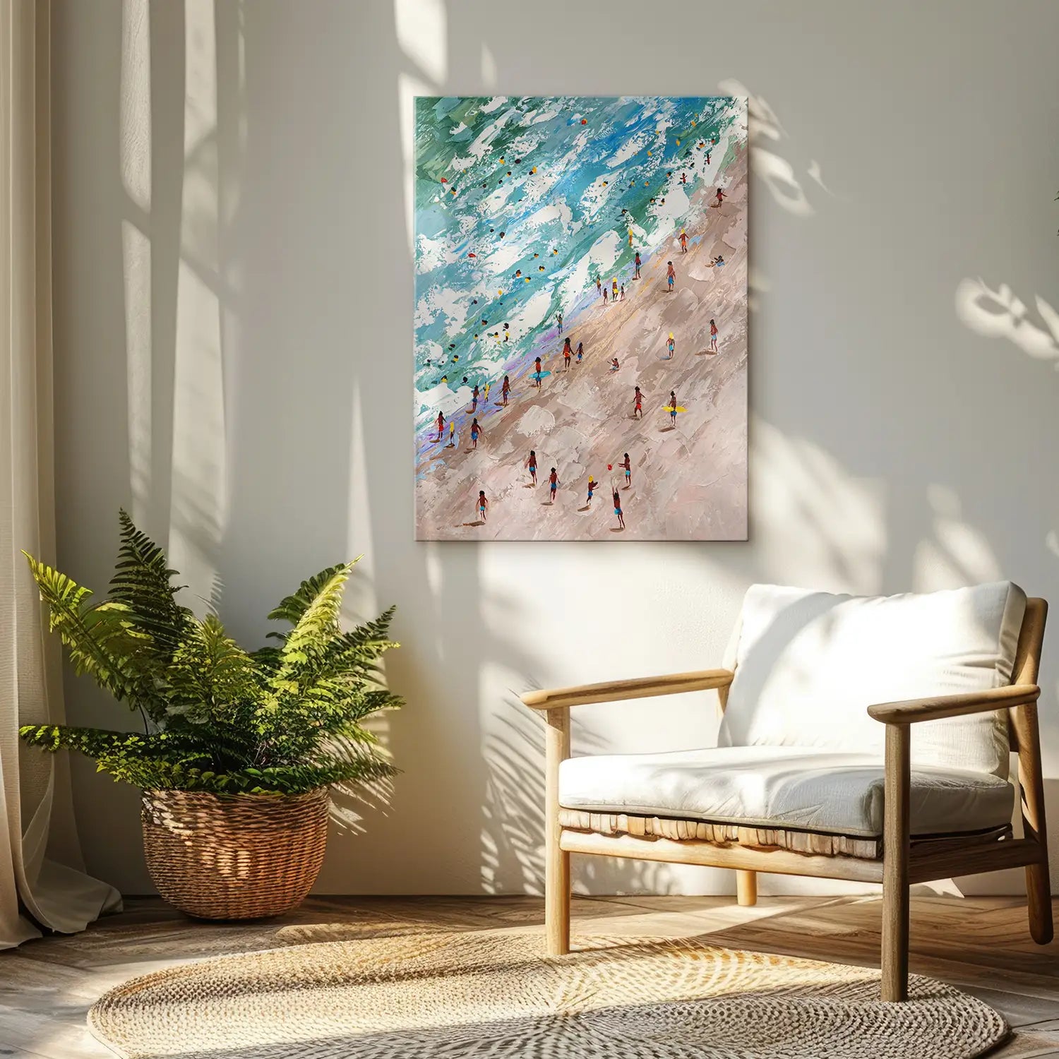 Gemälde 90x120 cm ohne Rahmen in sanften Erdtönen und Meeres-Blau – abstrakte Erkundung der menschlichen Existenz am Strand – „Rätsel der Existenz“ – Raetsel der Existenz