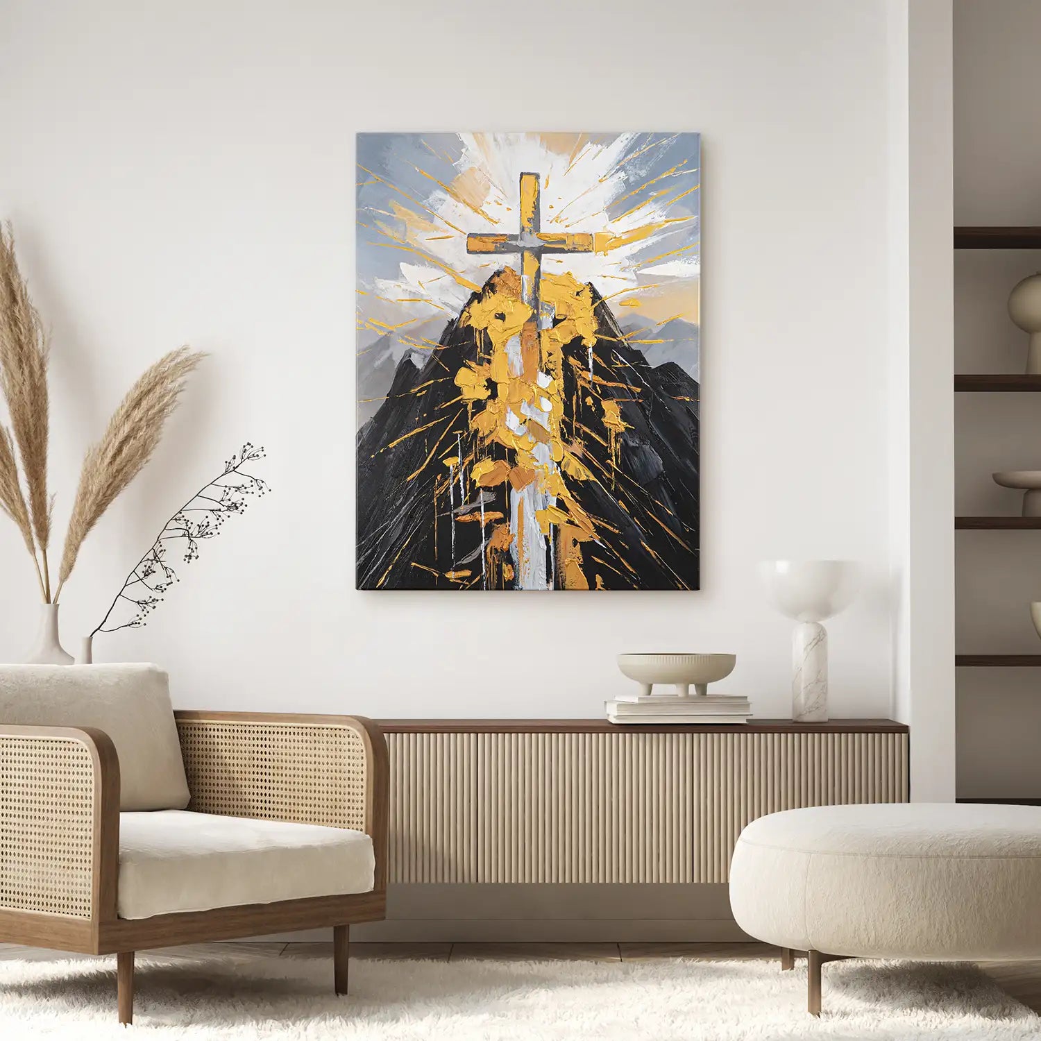 handgemaltes Gemälde 120x160 cm ohne Rahmen – ein Berg trägt das Kreuz der Erlösung in modernem, abstraktem Stil – „Berg der Vergebung“