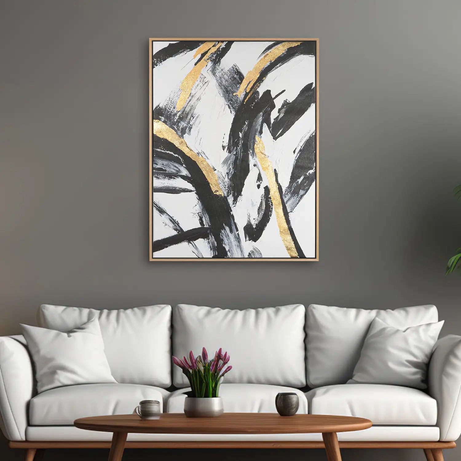 Wandbild echt handgemalt 120x160 cm im Rahmen Eiche hell – Explosion in Schwarz, Weiß und Gold, modern und abstrakt, ideal für Büro, Wohnzimmer und Schlafzimmer – „Ewiger Moment“