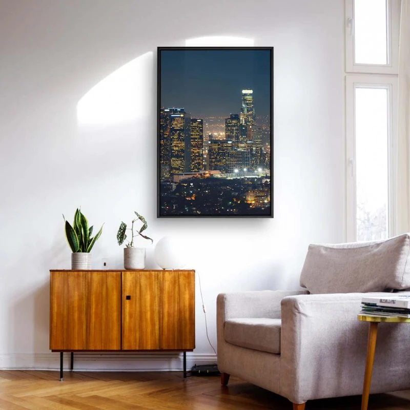 Skyline Los Angeles Nachts im schwarzen Bilderrahmen, 180x90cm
