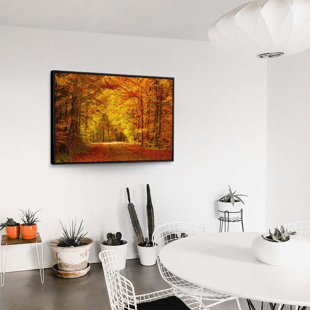 Wald & Bäume Goldener Waldweg im schwarzen Bilderrahmen, 80x80cm