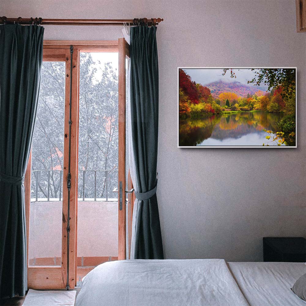 Wald & Bäume Lake Grza Serbien im weißen Bilderrahmen, 150x50cm